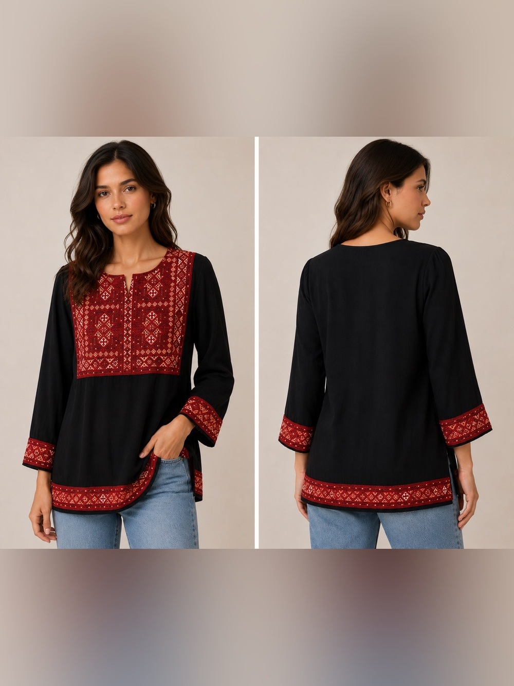Vintage Long Blouse with Red Embroidered Panel